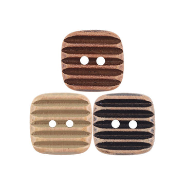 Vintage square wood buttons in khaki brown with double-sided stripes, two holes