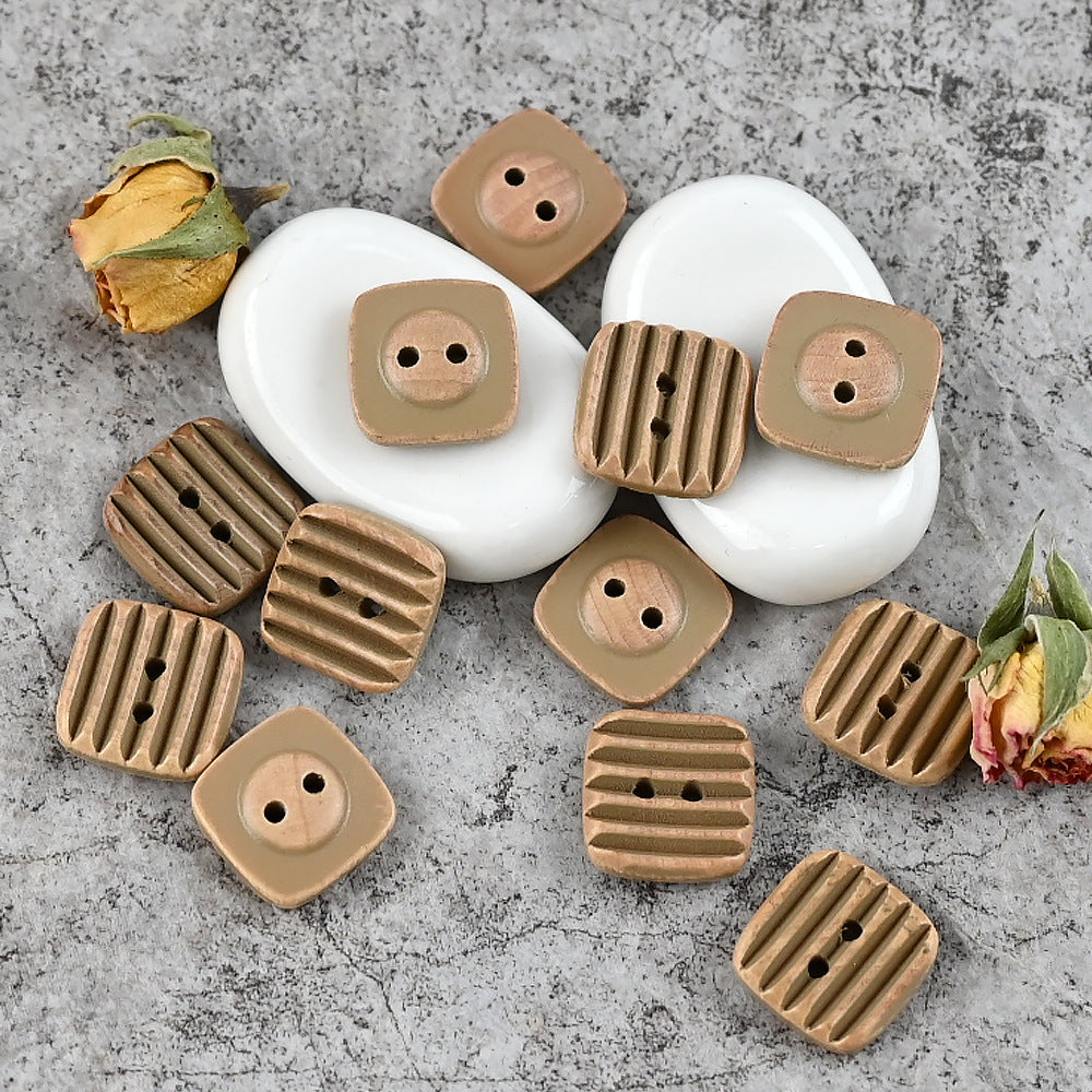 Vintage wood buttons in khaki beige, square shape with two holes and ribbed face