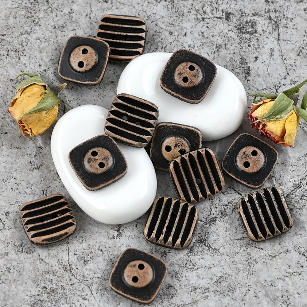 Vintage square wood buttons in dark brown/black, ribbed side, two-hole front
