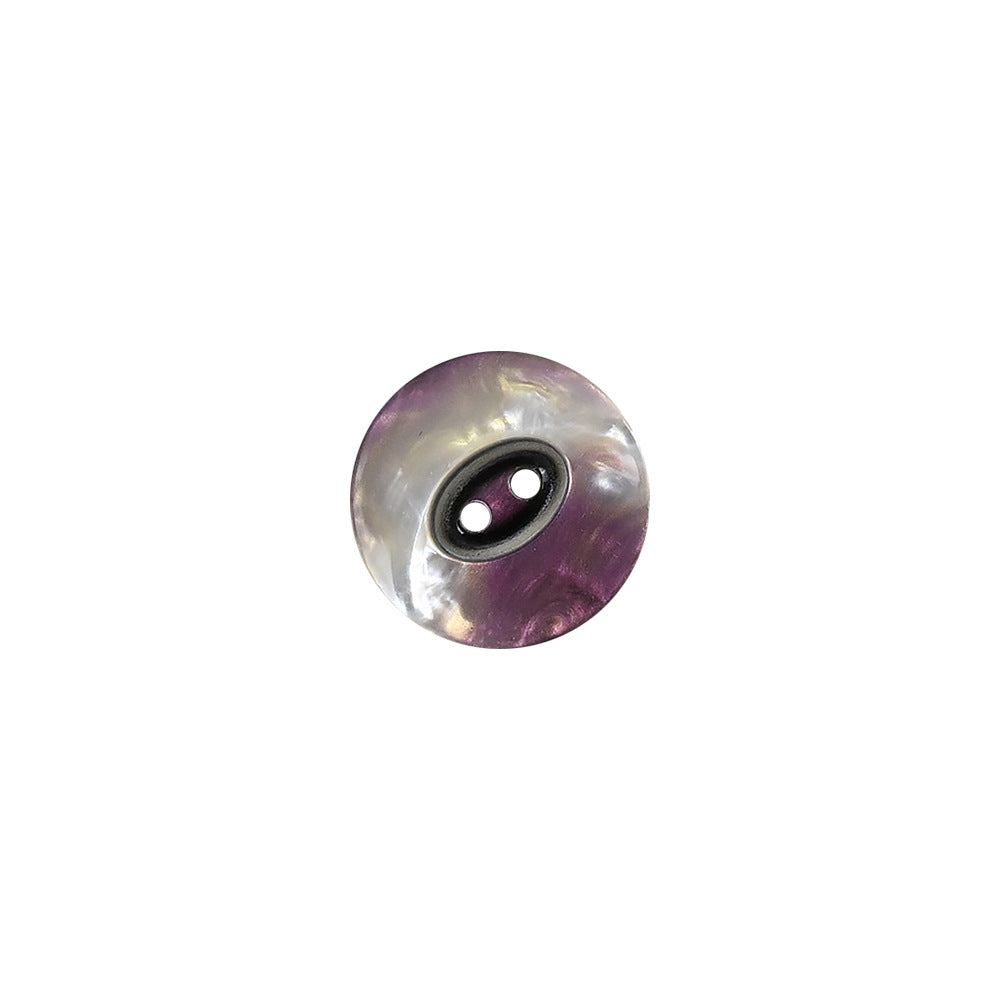Pearlized resin two-hole button, silver-white to purple gradient, close-up front view