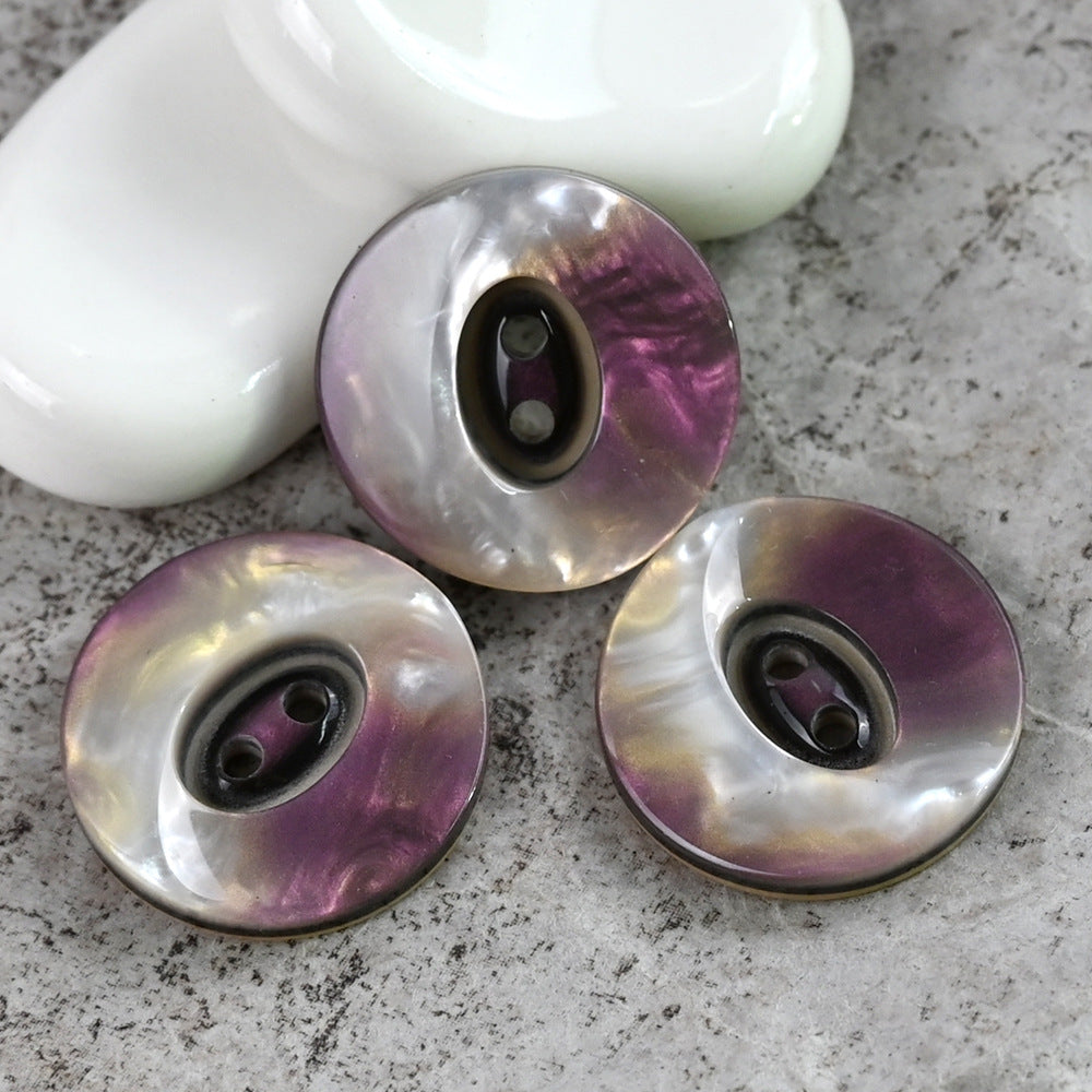 Pearlized round resin two-hole buttons, silver-white with deep purple gradient