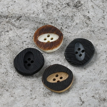 Vintage Harzknöpfe mit Holzmaserung, rund, Braun/Schwarz, 4 Löcher