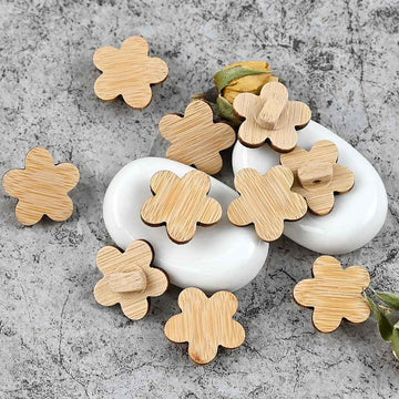 Natural bamboo flower-shaped shank buttons, 17.5mm, 12-pack, light wood tone