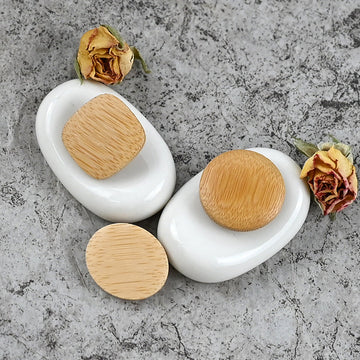 Natural bamboo shank mushroom buttons, round wooden face on white caps