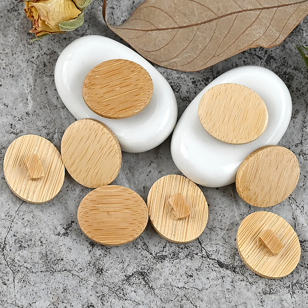 Natural bamboo shank mushroom buttons, round wooden face with holes on white caps