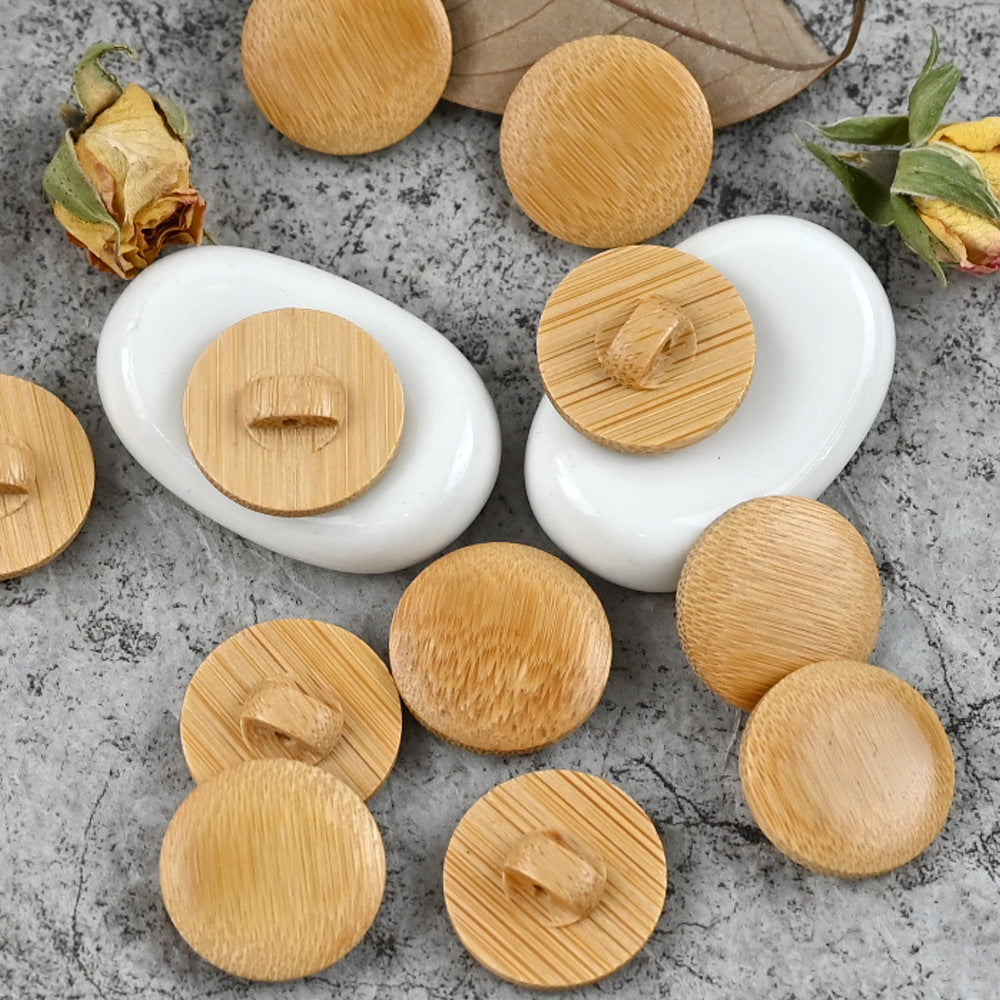 Natural bamboo shank mushroom buttons, oval wooden face on white caps