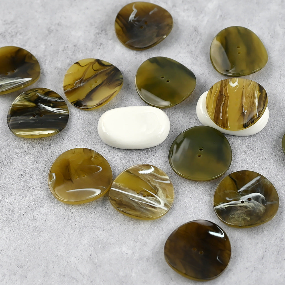Set of 12 large 34mm resin buttons; yellow–dark green swirl, curved face, 2 holes