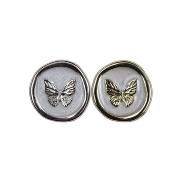 Silver and gold butterfly shank buttons, round metal with butterfly motif, 2 shown