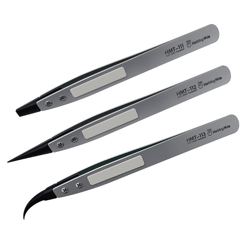 HobbyMio ESD Tweezers Set of 3 – Wide Narrow Curved Tip Gundam Model Tool