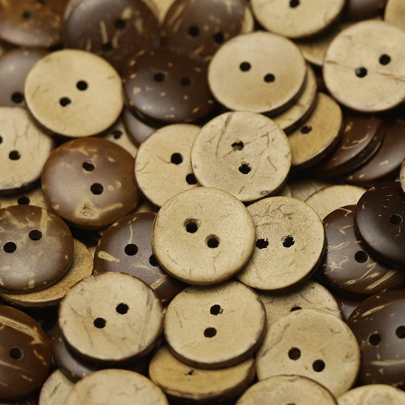 Pack of natural coconut 2-hole buttons in mixed dark brown, beige, tan colors