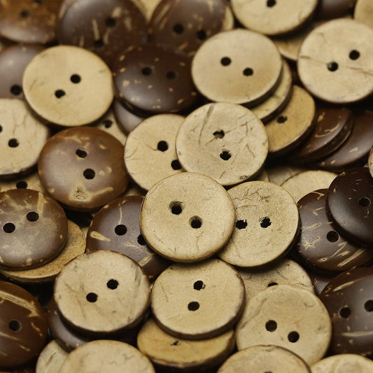 Pack of natural coconut 2-hole buttons in mixed dark brown, beige, tan colors