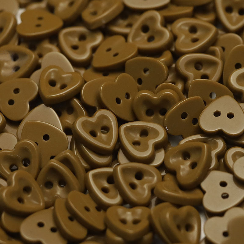 Heart-shaped ceramic buttons, tan/brown, 2-hole kids clothing buttons