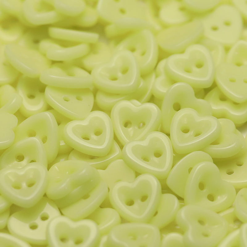 Heart-shaped ceramic buttons, pale lime/green, 2-hole design