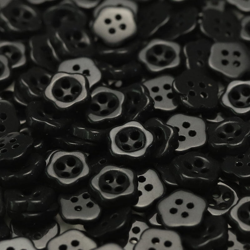 Dark gray/black flower-shaped ceramic buttons with four holes, kidswear sewing