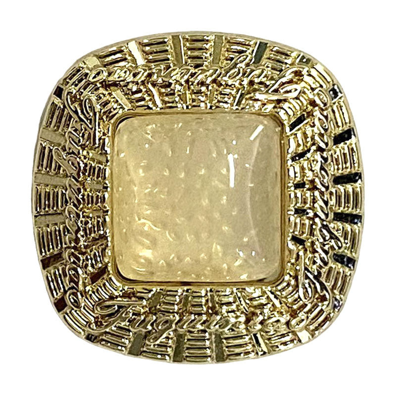 Vintage square gold metal clothing button with ornate border and square center
