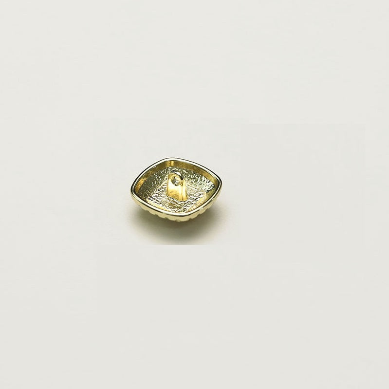 Square gold metal clothing button, flat back view with center prong