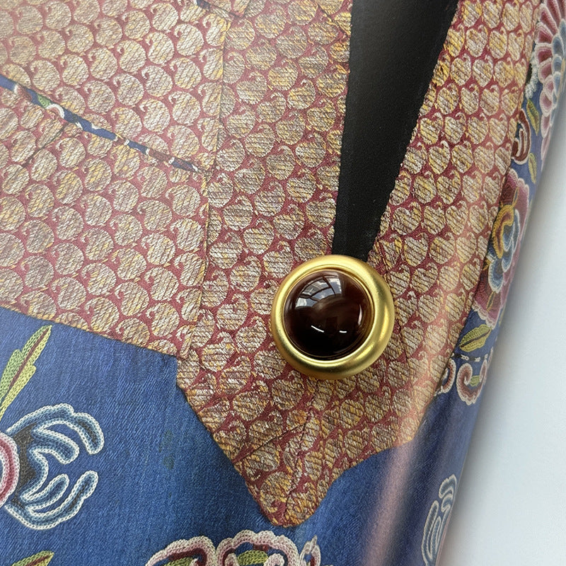 Gold-rim bead clothing button with dark brown agate-style center