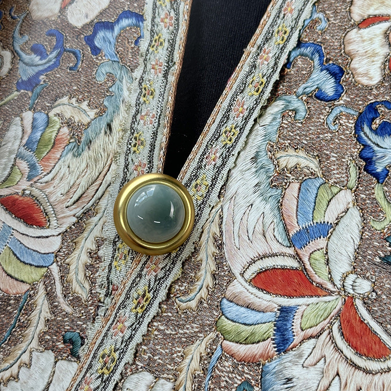 Gold-rim bead clothing button with light green agate-style center