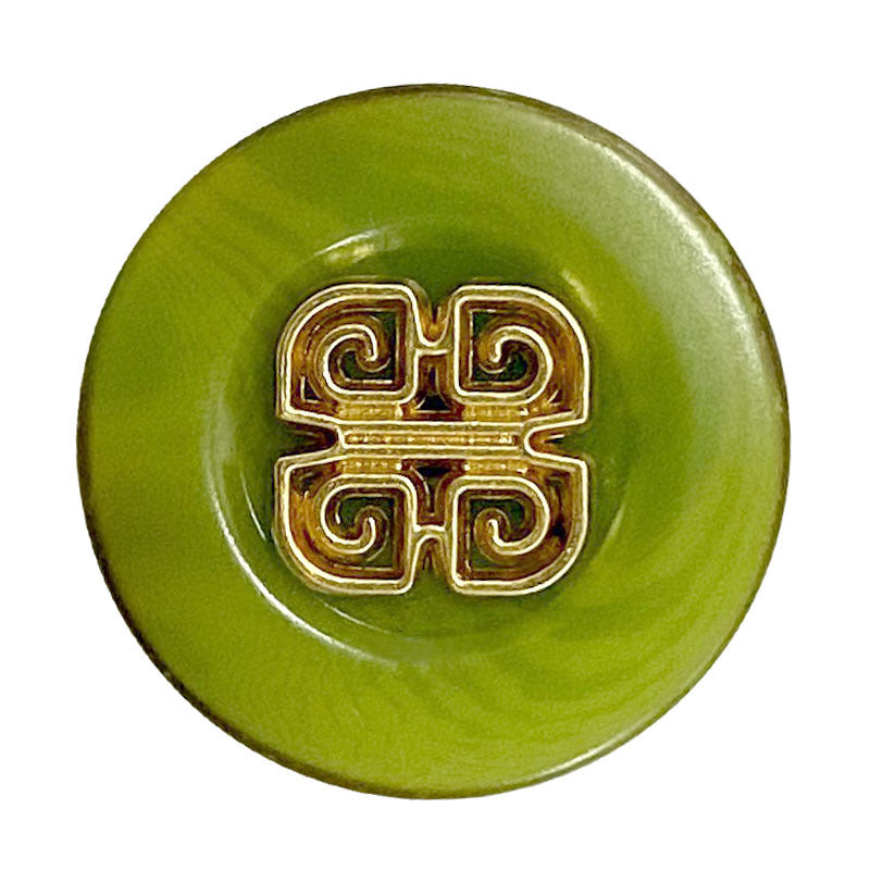 Green Chinese-style metal clothing button with gold filigree pattern, round front
