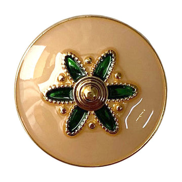 Gold alloy button with oil-painted green flower pattern and central shank