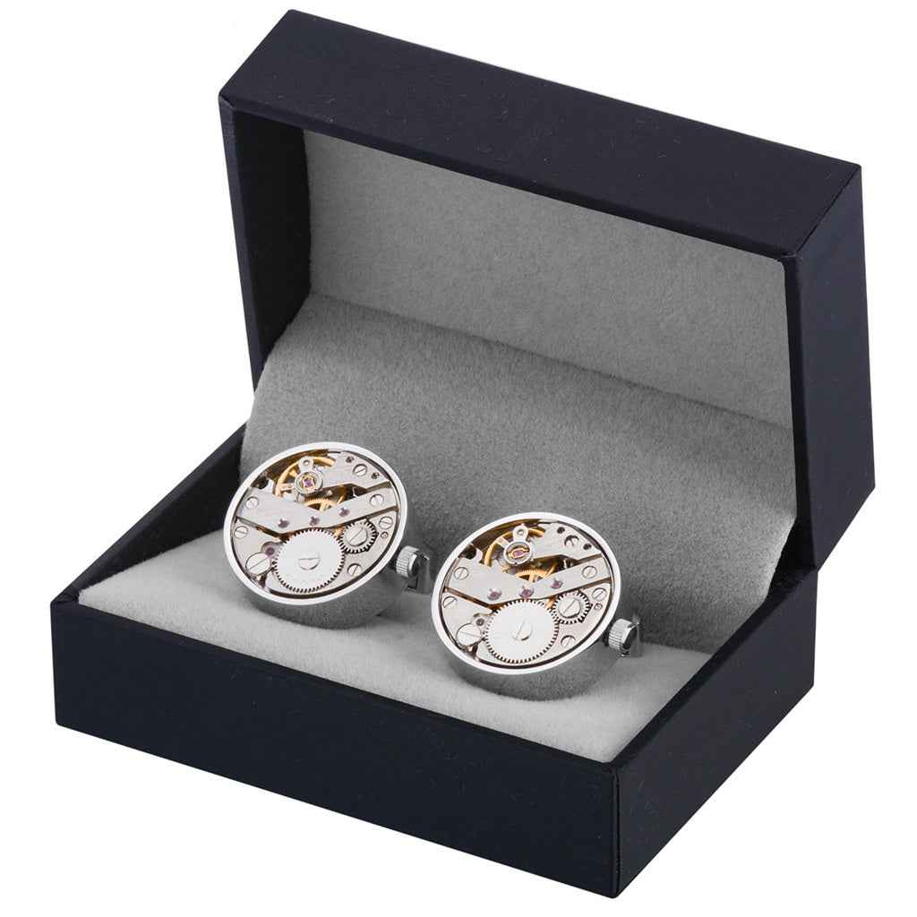 Gold mechanical watch movement cufflinks set, two round gear-face cufflinks in a box