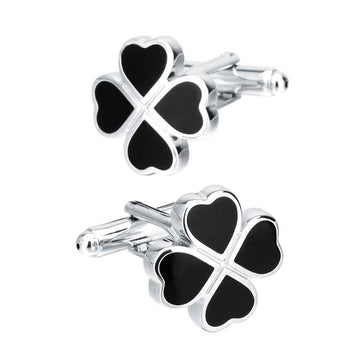 Black enamel four-leaf clover cufflinks with polished silver settings