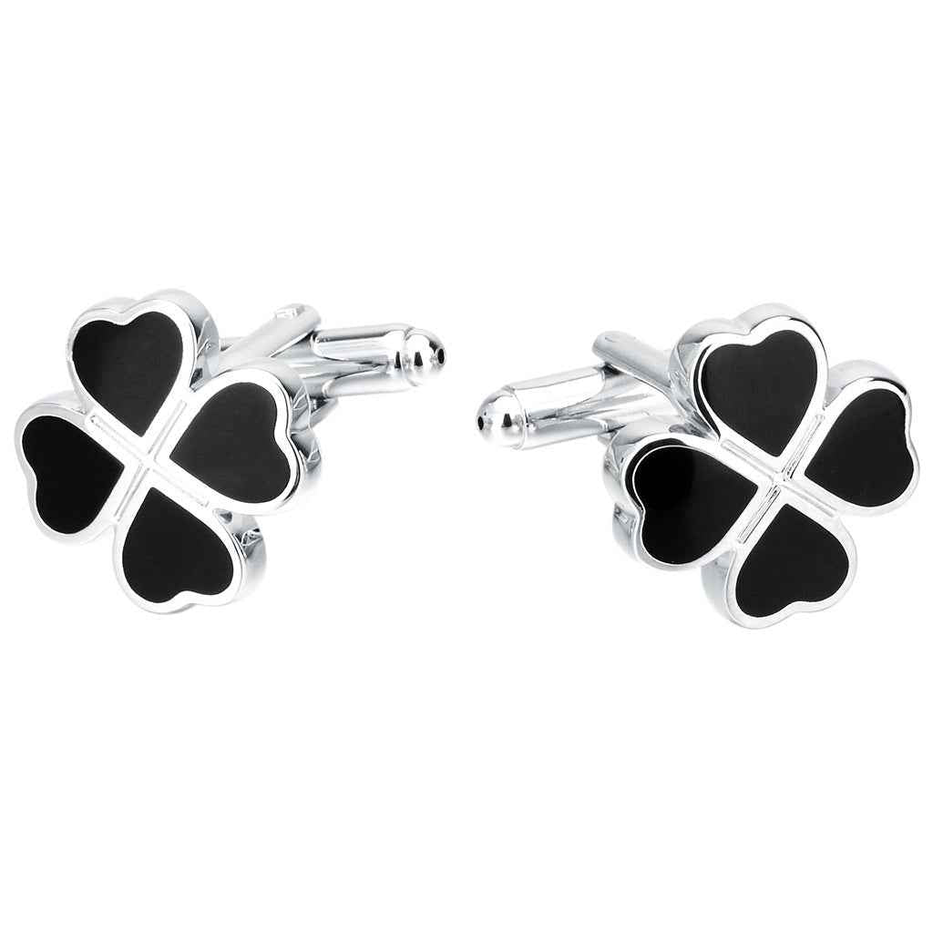 Pair of black four-leaf clover enamel cufflinks with silver posts