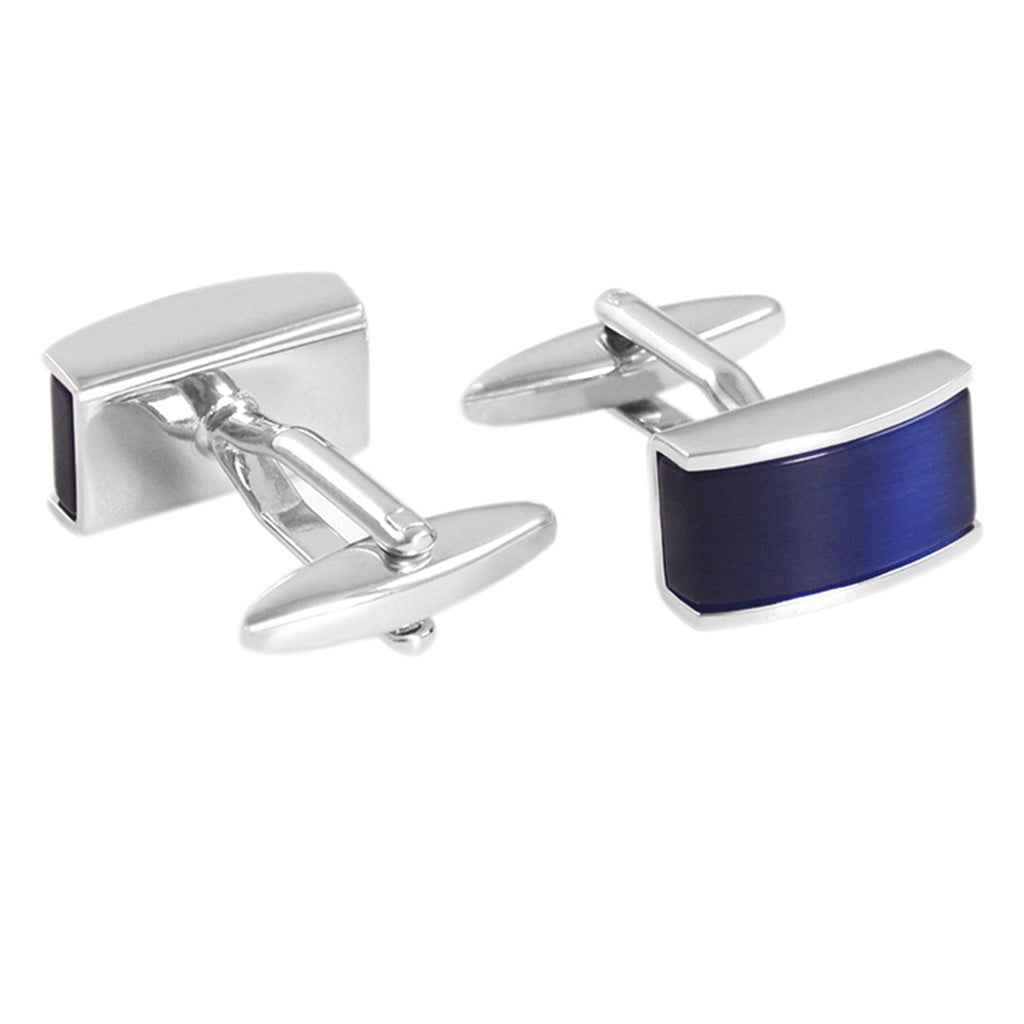 Rhodium cufflinks with blue cat's-eye rectangular face and bar closure on back