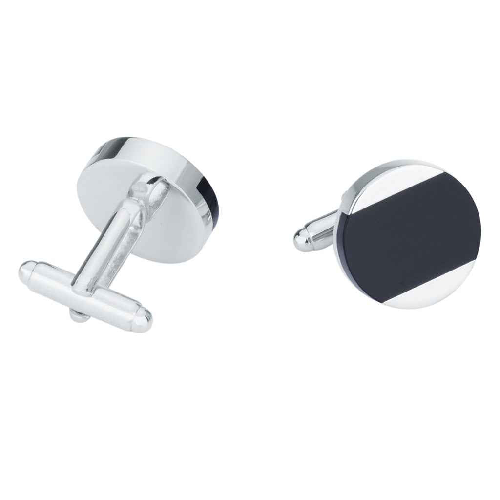 Round black onyx cufflinks pair, silver-tone hinged backs and securing posts
