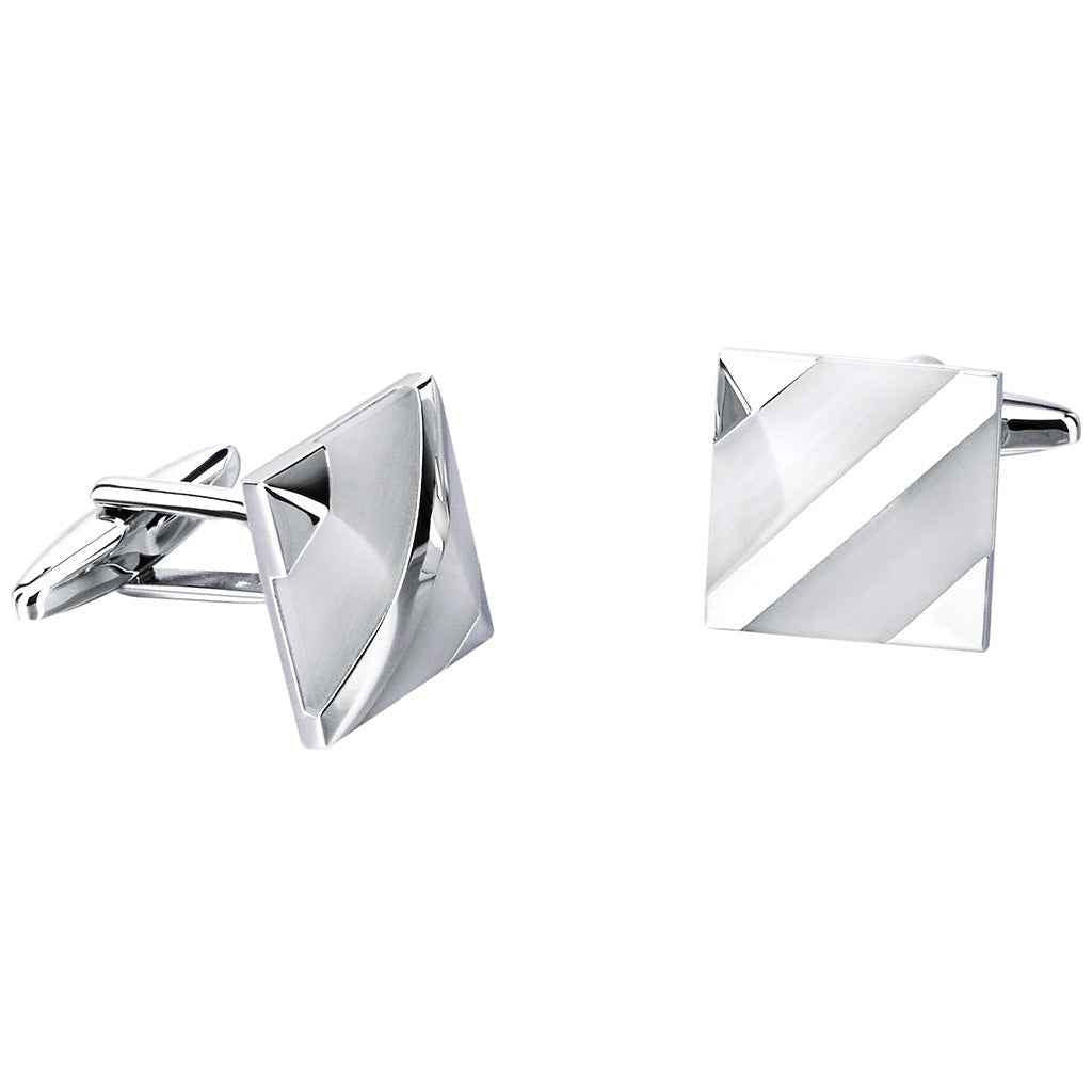 Angled view of white diagonal stripe double-row cufflinks with silver bar
