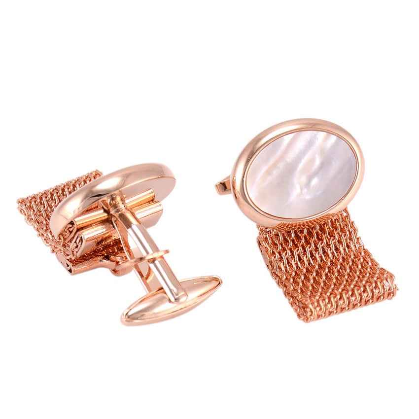 Back view of rose-gold cufflinks: prongs with round white mother-of-pearl settings