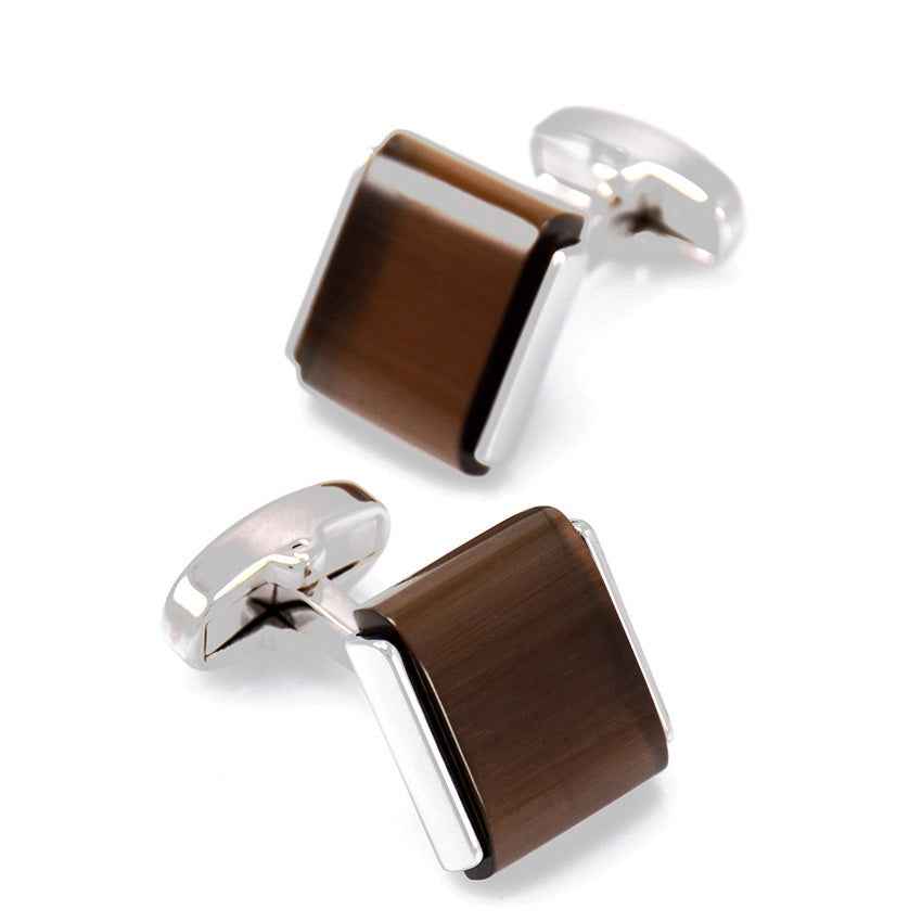 Square brown cat’s eye cufflinks with silver toggle clasp and bar