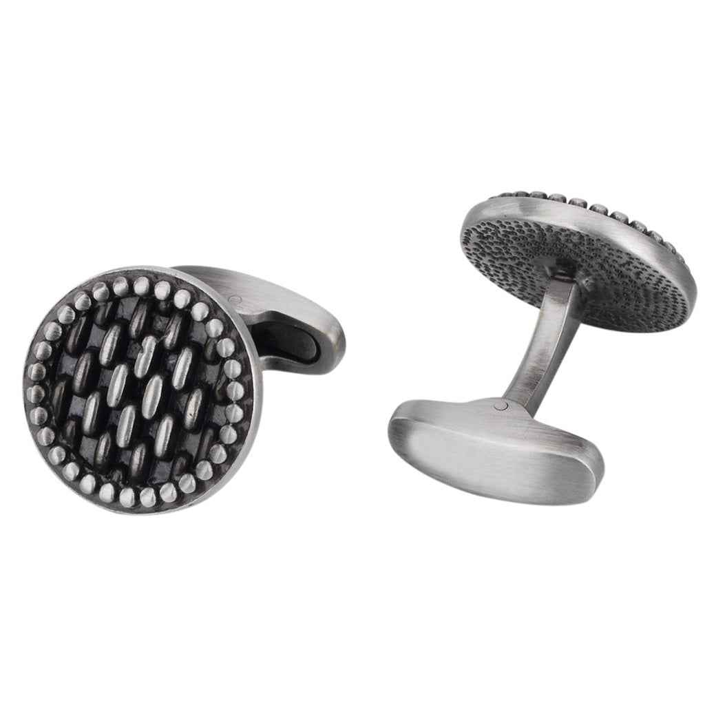 Round cufflinks with antique silver finish; black inlay on domed face