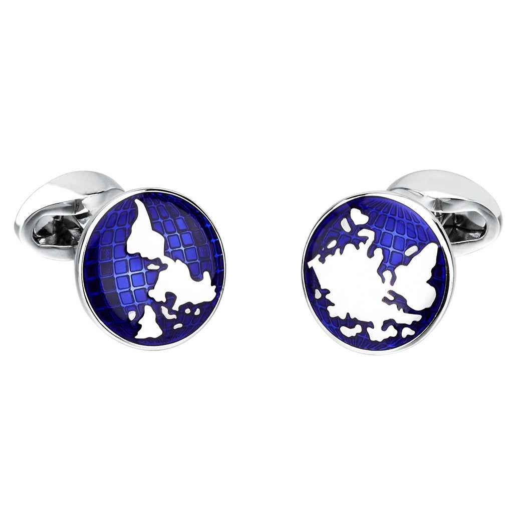 Pair of blue world map cufflinks with circular globe design on silver settings