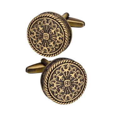 Antique bronze round cufflinks, engraved filigree with small square center