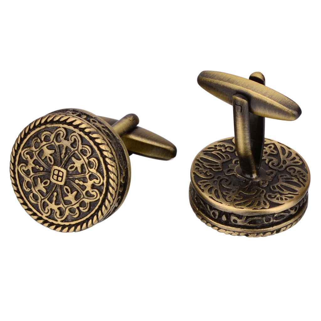 Antique bronze round cufflinks, one showing back post and etched pattern