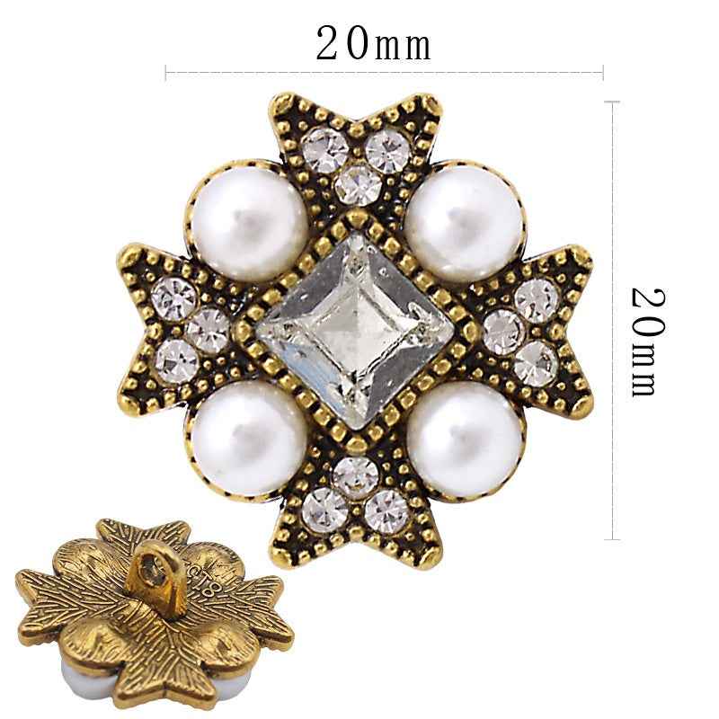 Gold star shank button with pearls and clear rhinestone square center