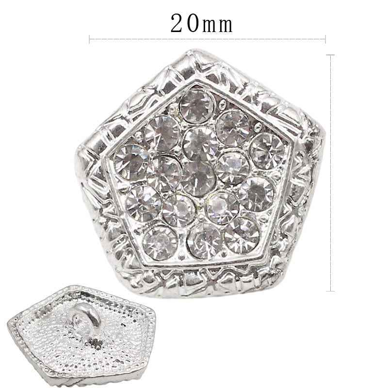 Pentagon silver rhinestone shank button, 20mm metal setting