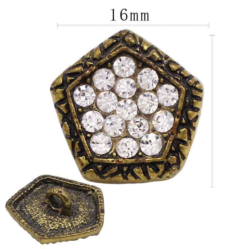 Pentagon bronze rhinestone shank button, 16mm metal setting