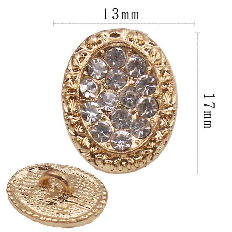 Oval gold rhinestone shank button, 17mm metal setting