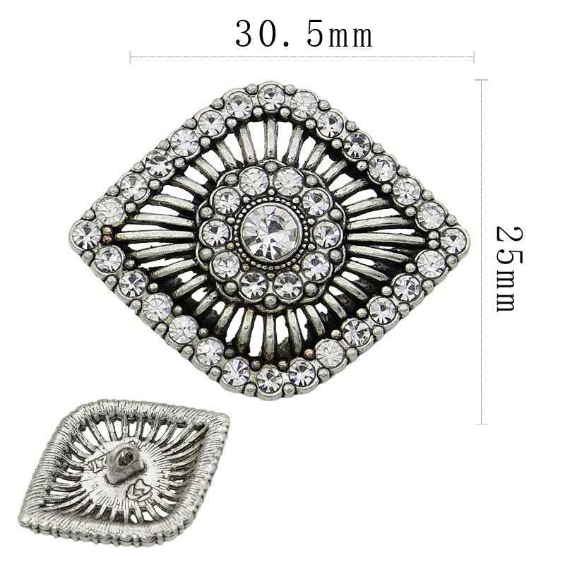 30.5 mm eye-shaped rhinestone button, antique silver, front detail and shank view