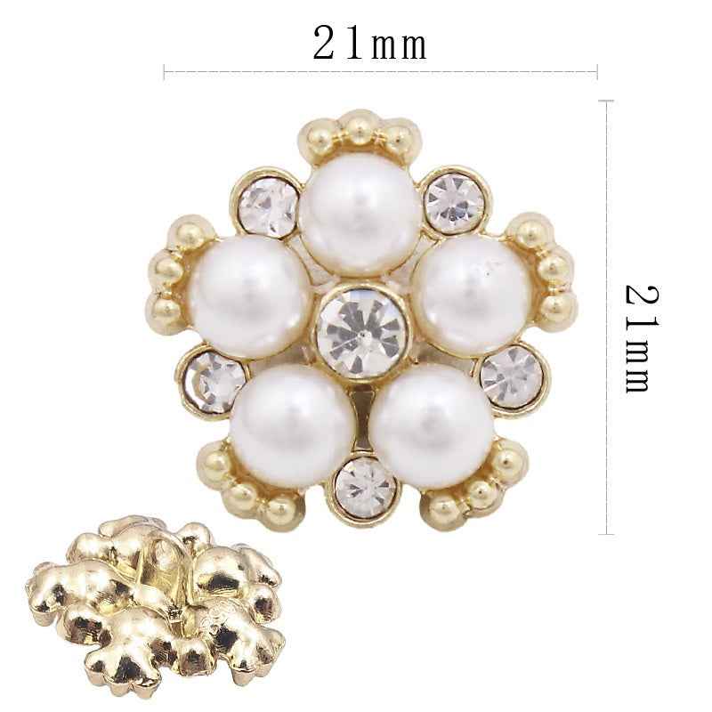 Pearl rhinestone shank button, gold-tone with faux pearl center, crystal accents, 21mm
