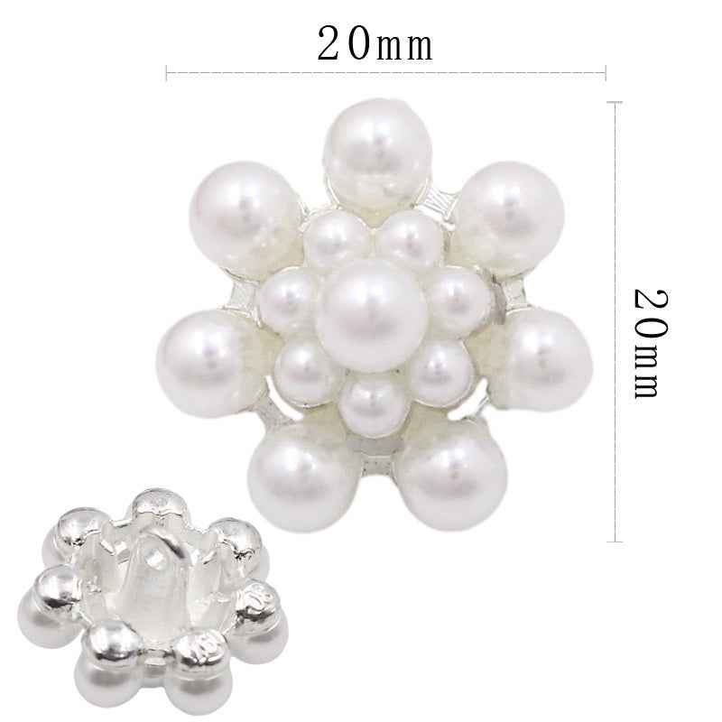 Pearl rhinestone shank button, large white faux pearl flower, silver-tone, 20mm