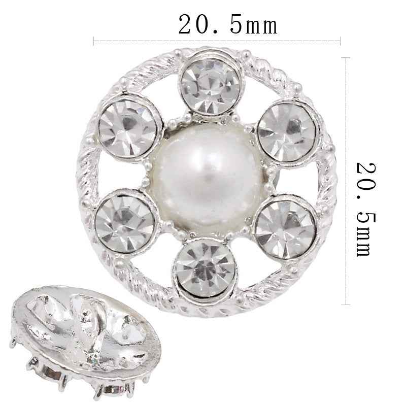 20.5mm silver round pearl button with clear rhinestones and mounting prongs