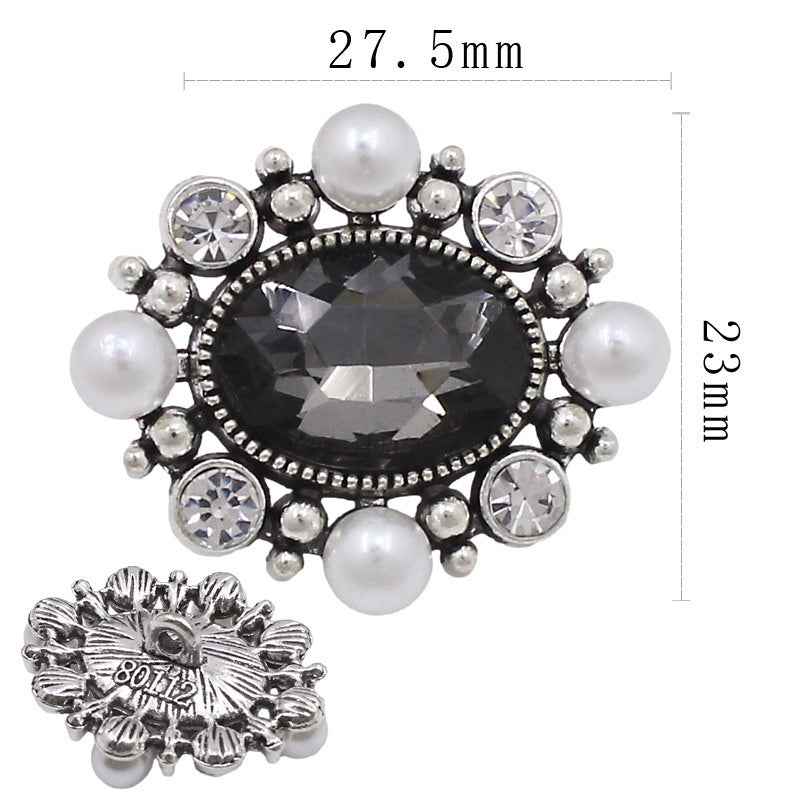 Glas-Strassknopf mit schwarzem Stein, silberfarbener Rand mit Perlen, Maße 23,3 mm