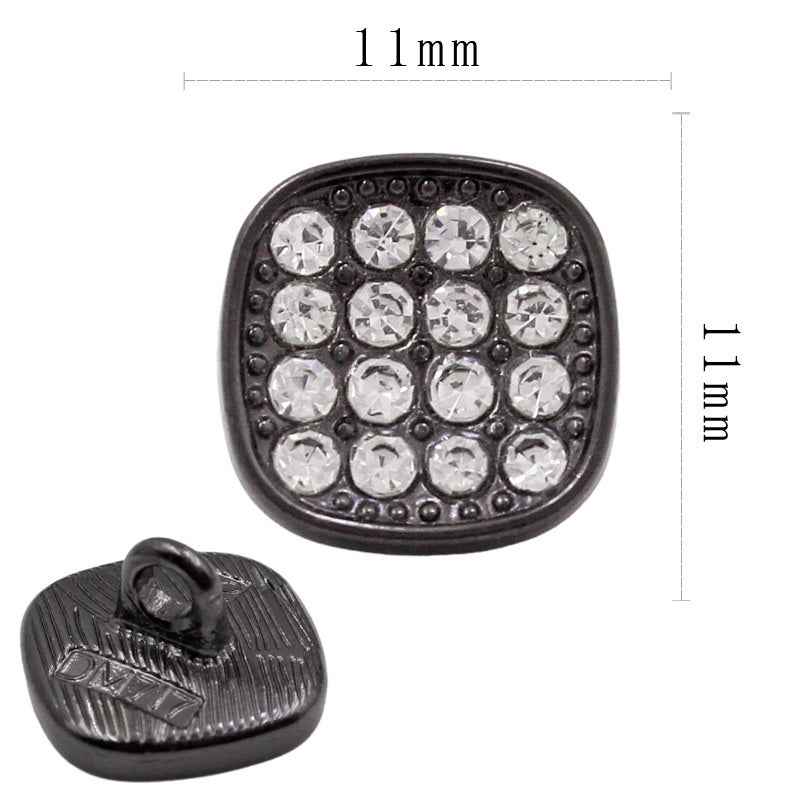 Black square rhinestone shank button, 11mm, clear crystals framed by dark setting
