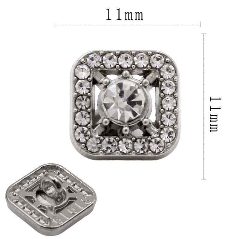 Silver-tone square rhinestone shank button, 11mm, large central crystal with surrounding stones