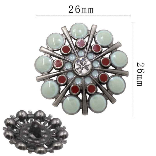 26mm gunmetal round rhinestone shank button, pastel stones & red accents, 20 pcs