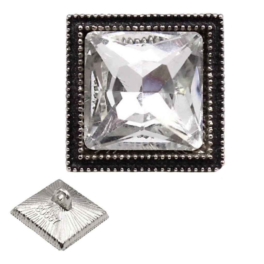 Square crystal shine glass button, silver-toned frame with clear faceted crystal center