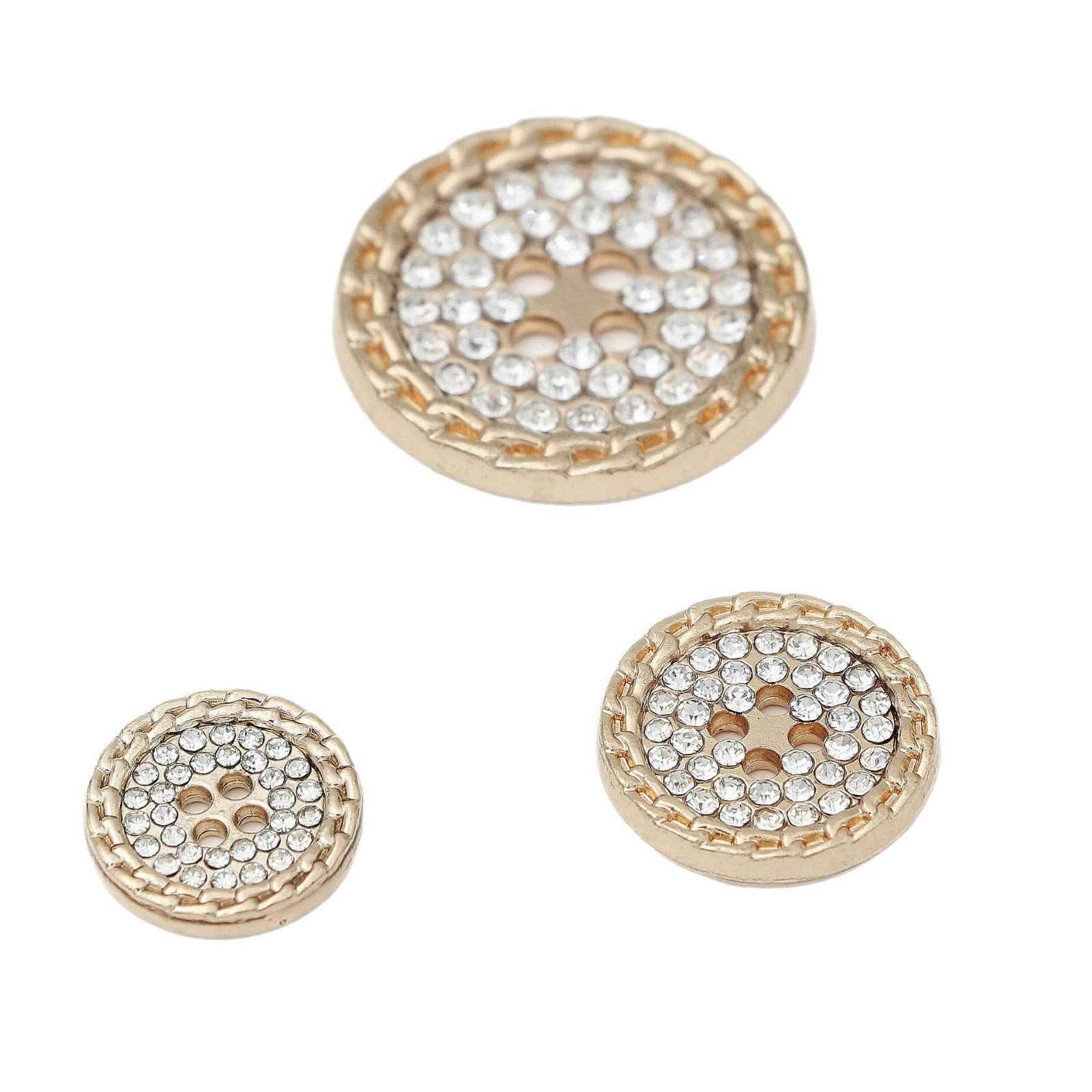 Gold rhinestone 4-hole round button, crystal-studded face with four holes, 21.5mm